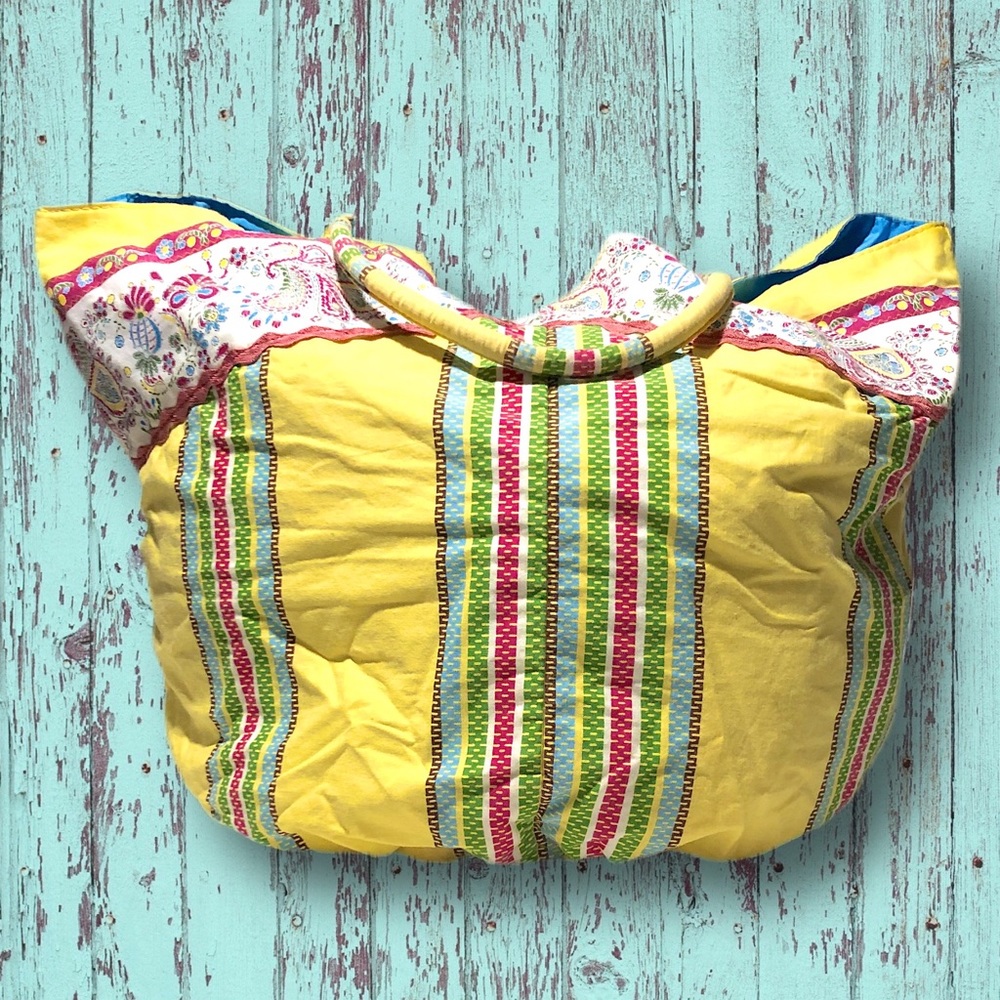 Boho Cloth Shoppers tote handmade in Yellow and Blue with embroidered handles